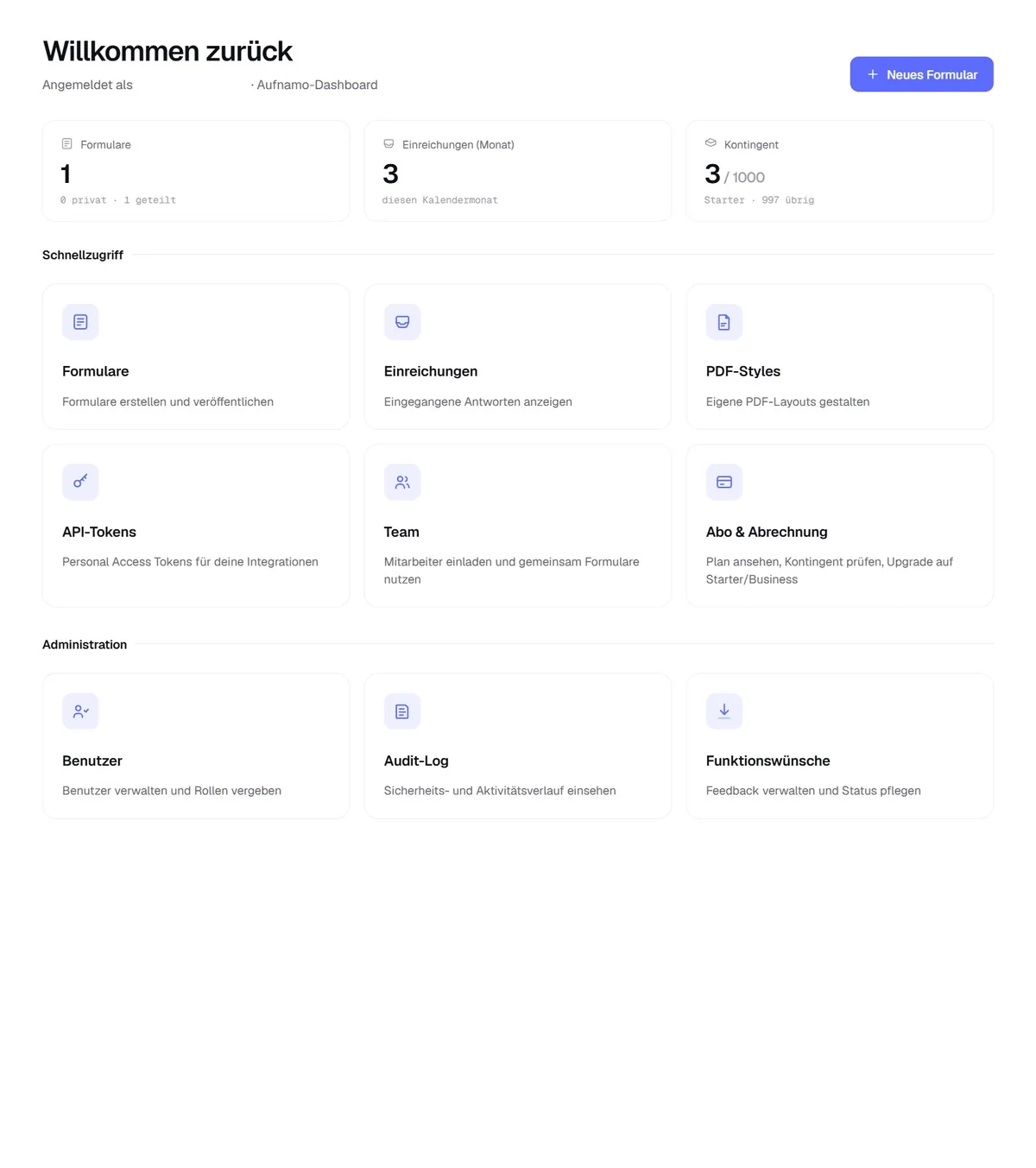 Das Aufnamo-Dashboard nach dem Login