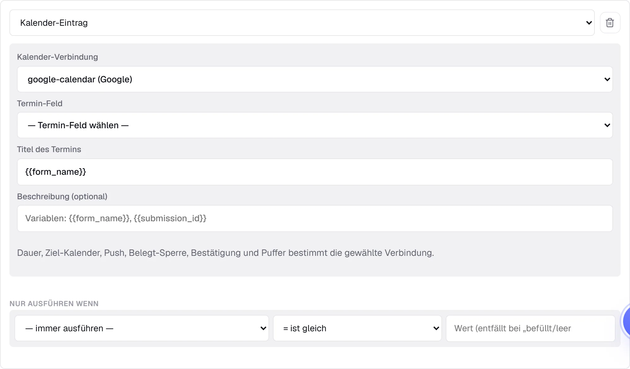 Die Konfiguration der Kalender-Aktion im Formular-Baukasten