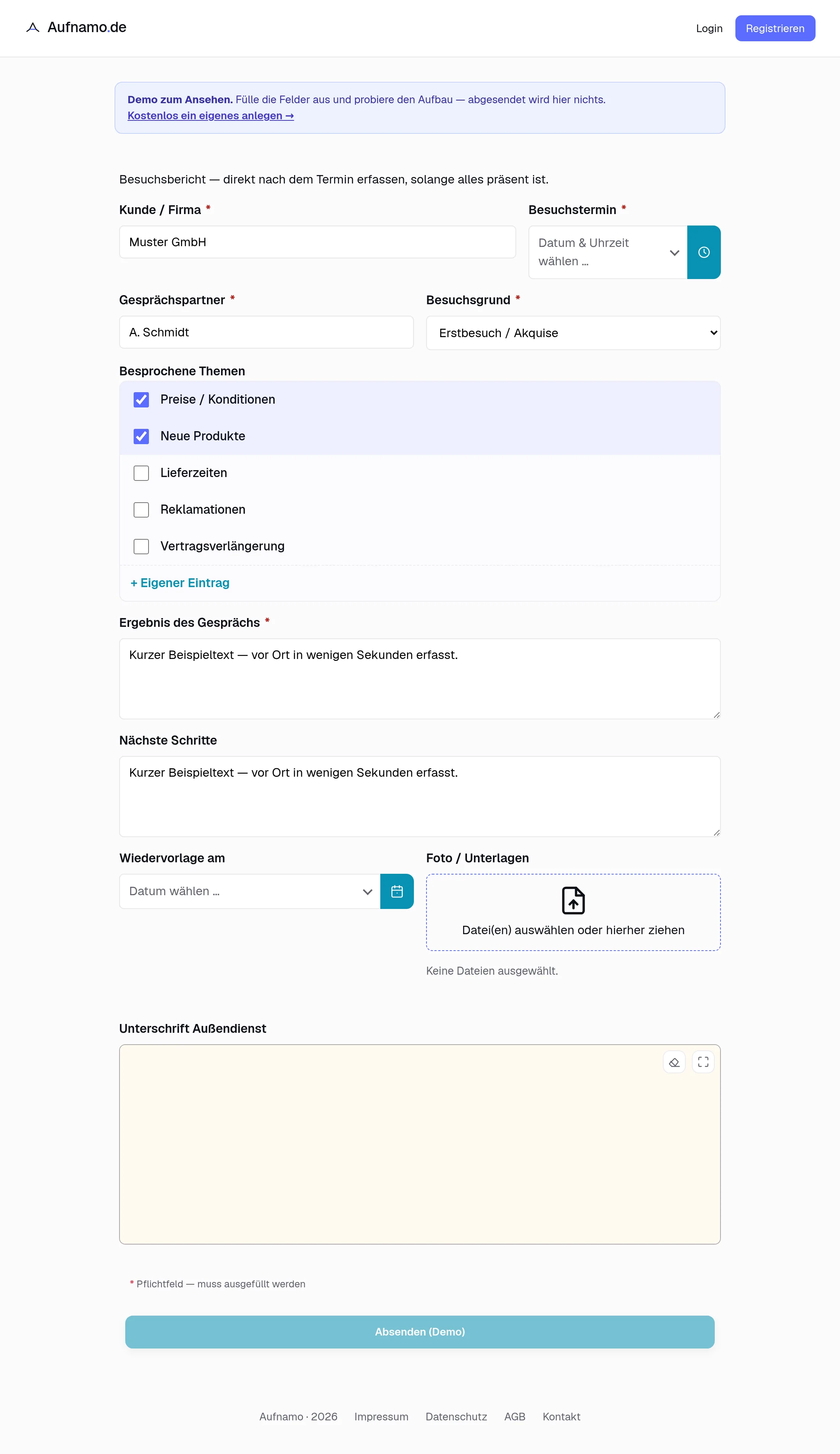 Das ausgefüllte Formular auf dem Tablet.
