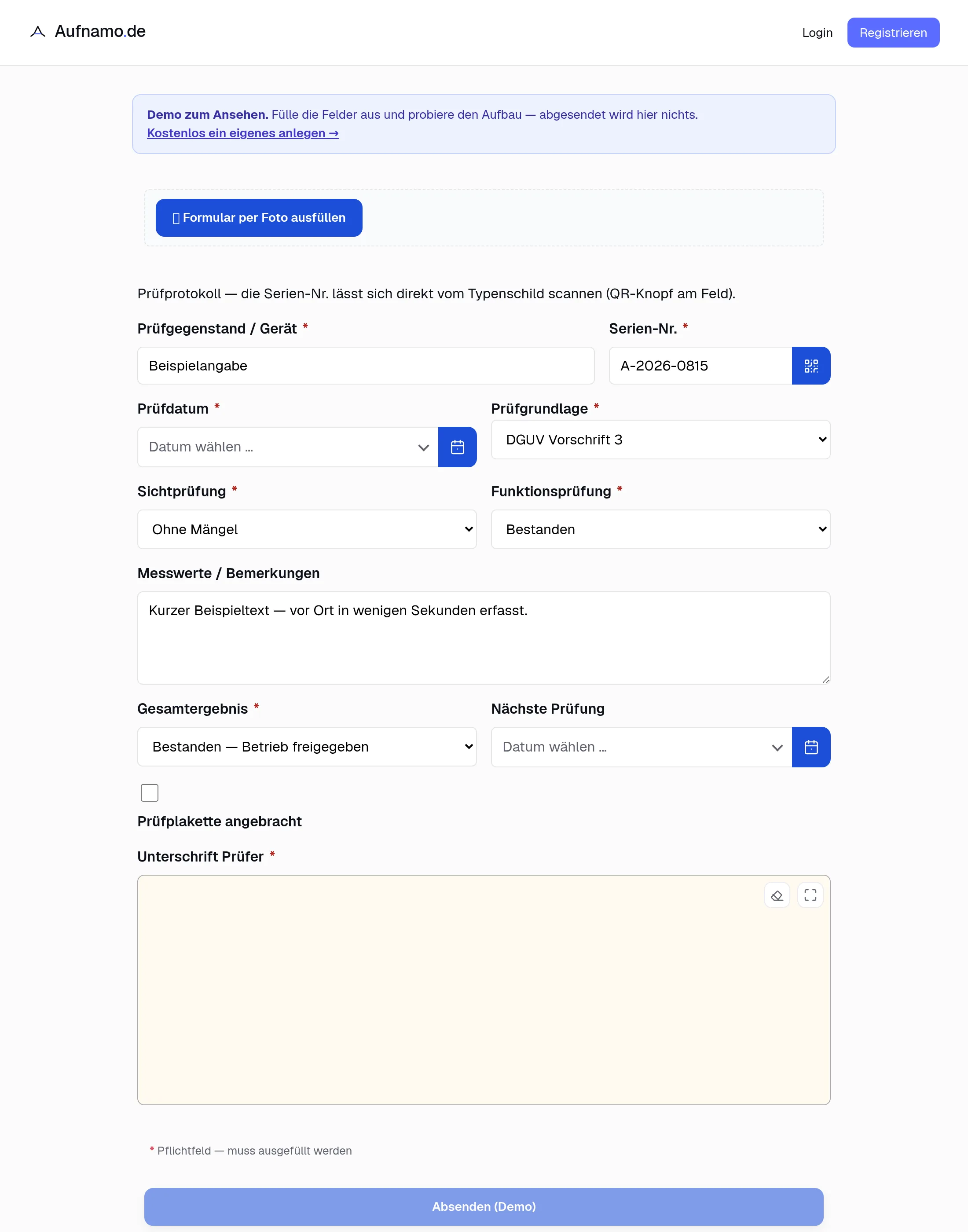 Das ausgefüllte Formular auf dem Tablet.