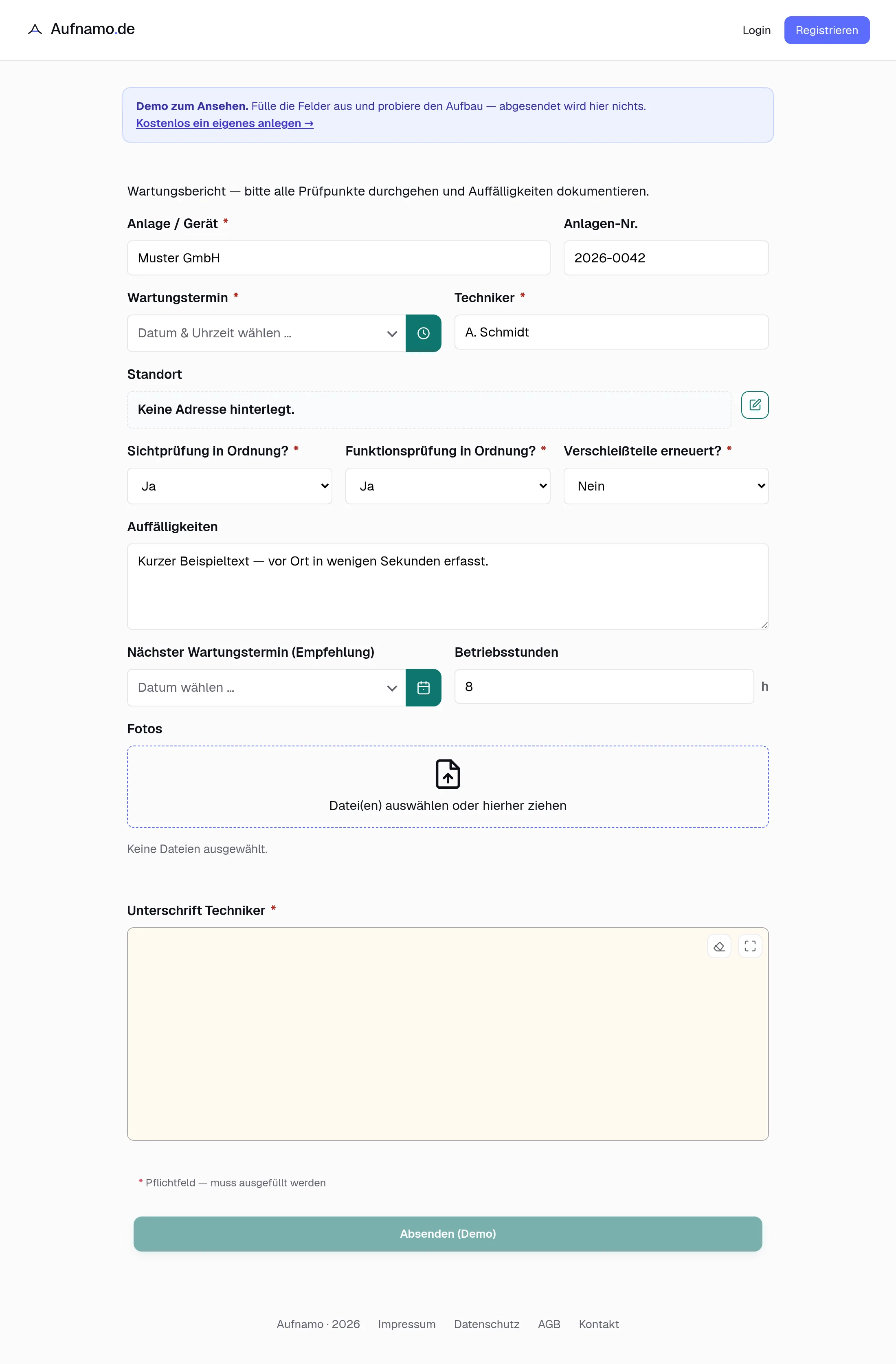 Das ausgefüllte Formular auf dem Tablet.