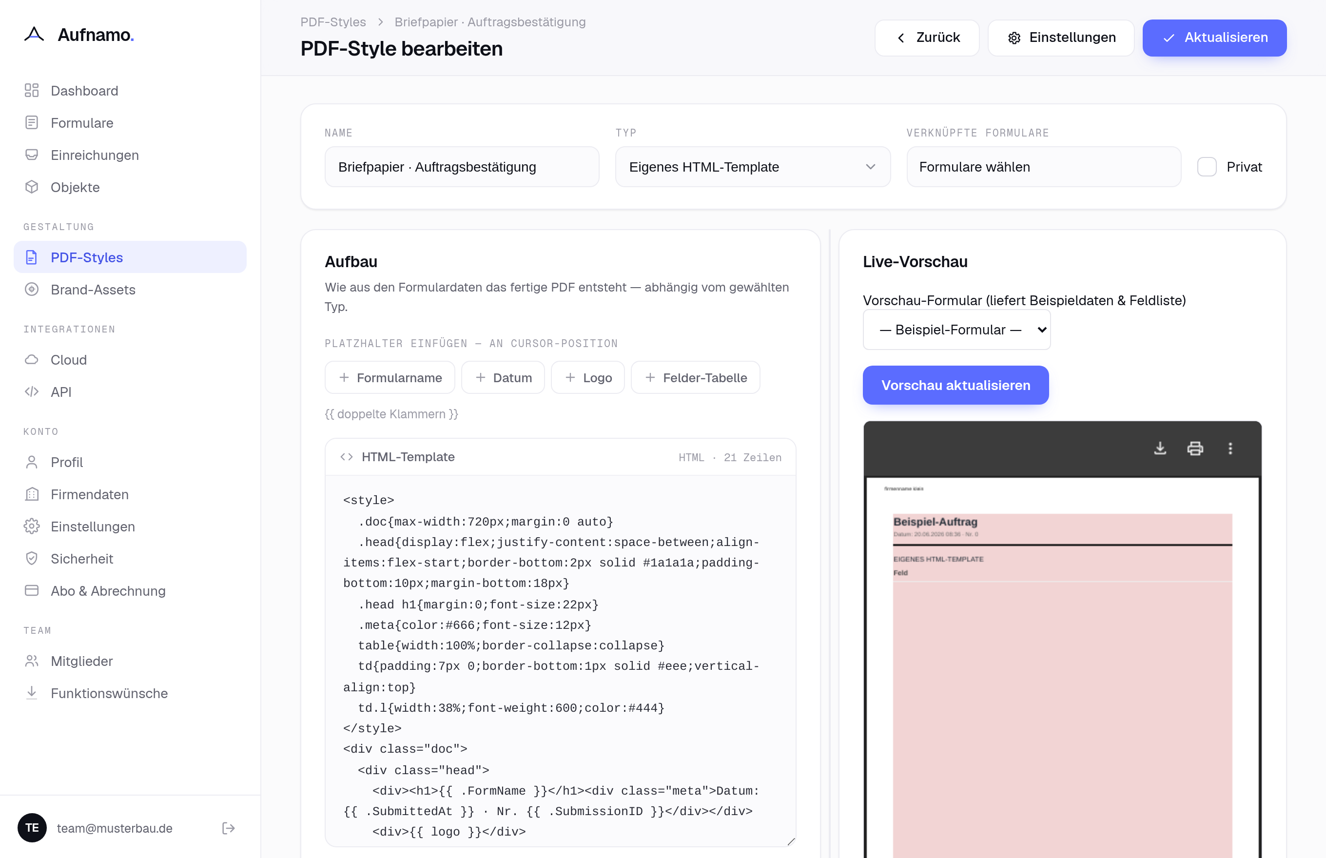 PDF-Design-Editor in Aufnamo: HTML-Template mit Platzhalter-Palette und Live-Vorschau des fertigen PDFs.